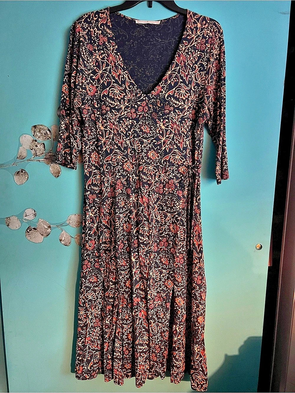 Peruvian Connection Shadow Vine Wrap Dress Floral Maxi Dress in Black & Orange
